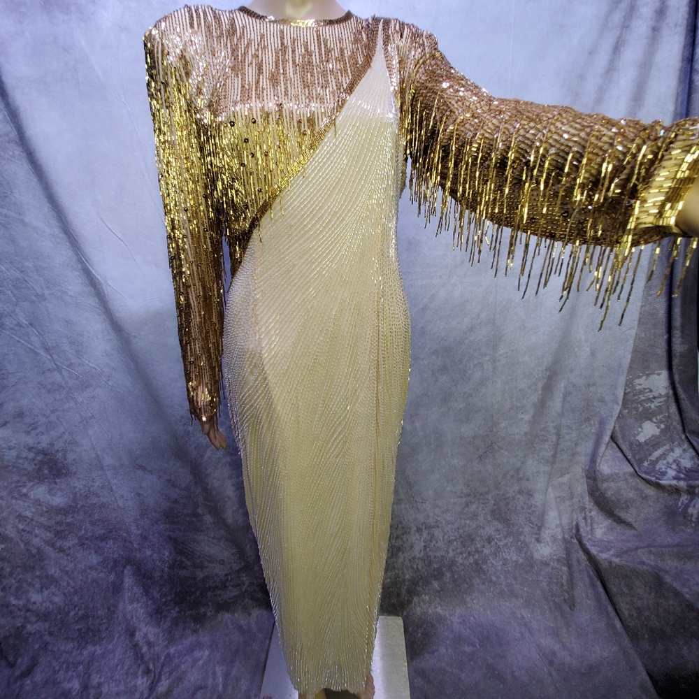Black Tie Brand 80's Beaded Gown Gold and Ivory Size 10